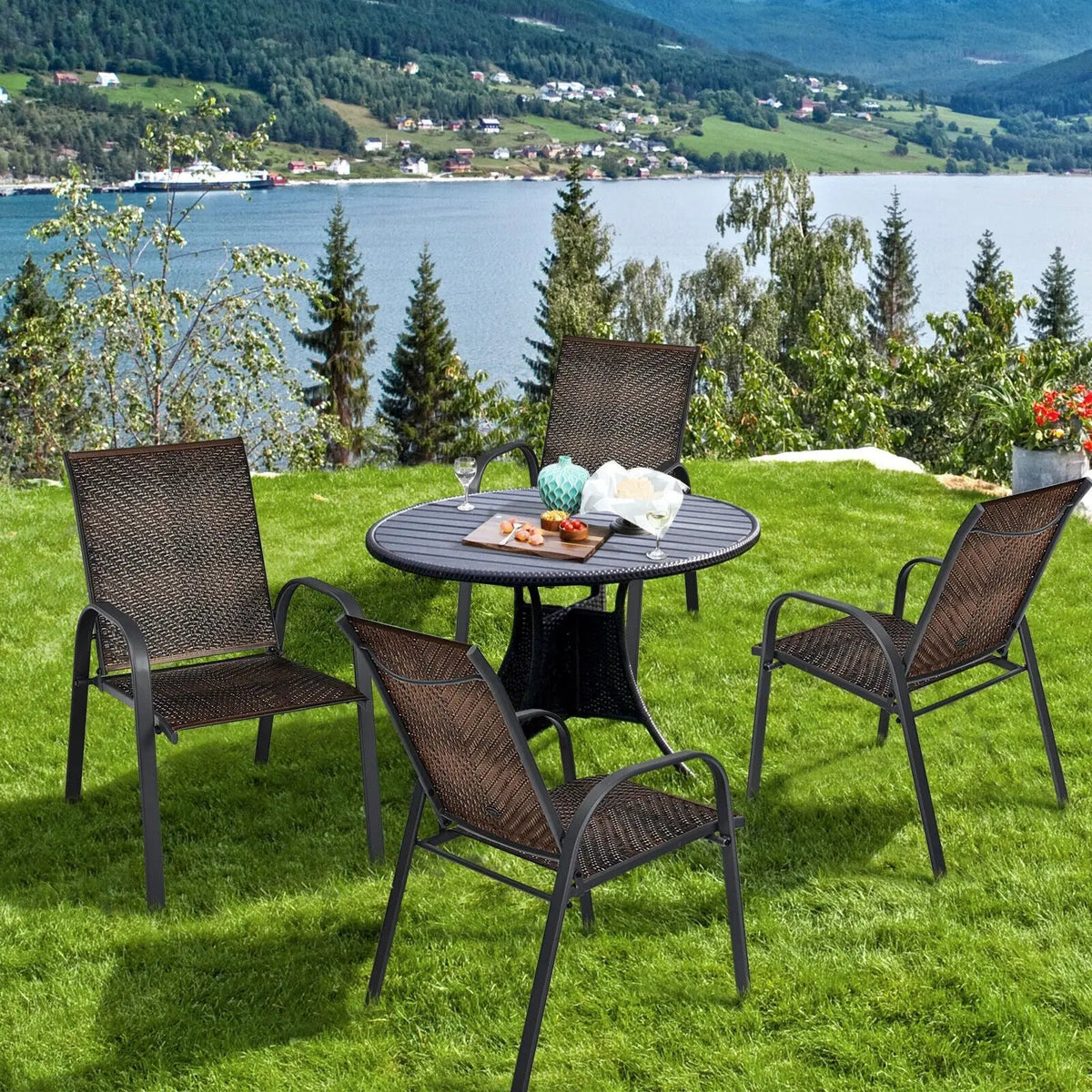 Set of 6 Outdoor PE Wicker Stackable Chairs with Sturdy Steel Frame by DirectDeals