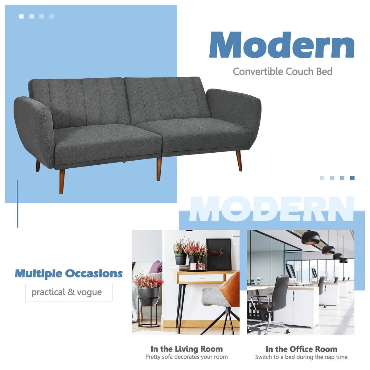 Convertible Futon Sofa Bed Adjustable Couch Sleeper with Wood Legs by DirectDeals