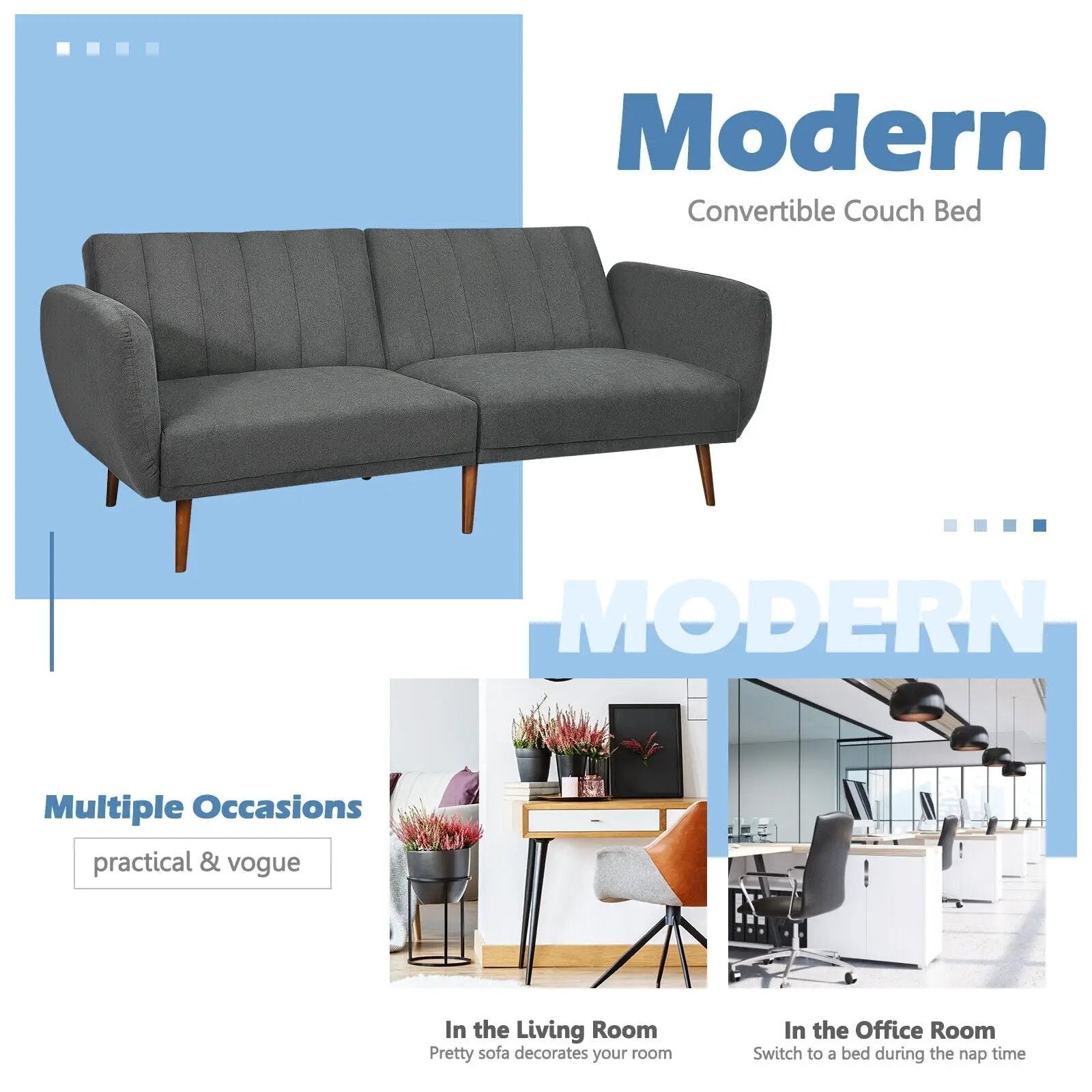 Convertible Futon Sofa Bed Adjustable Couch Sleeper with Wood Legs by DirectDeals