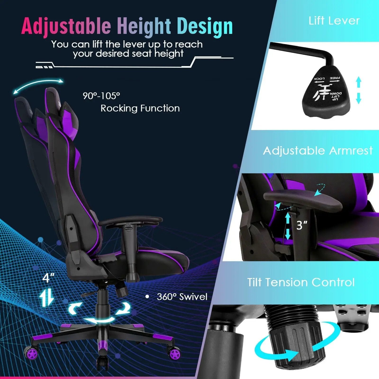 Gaming Chair Adjustable Swivel Computer Chair with Dynamic LED Lights by DirectDeals