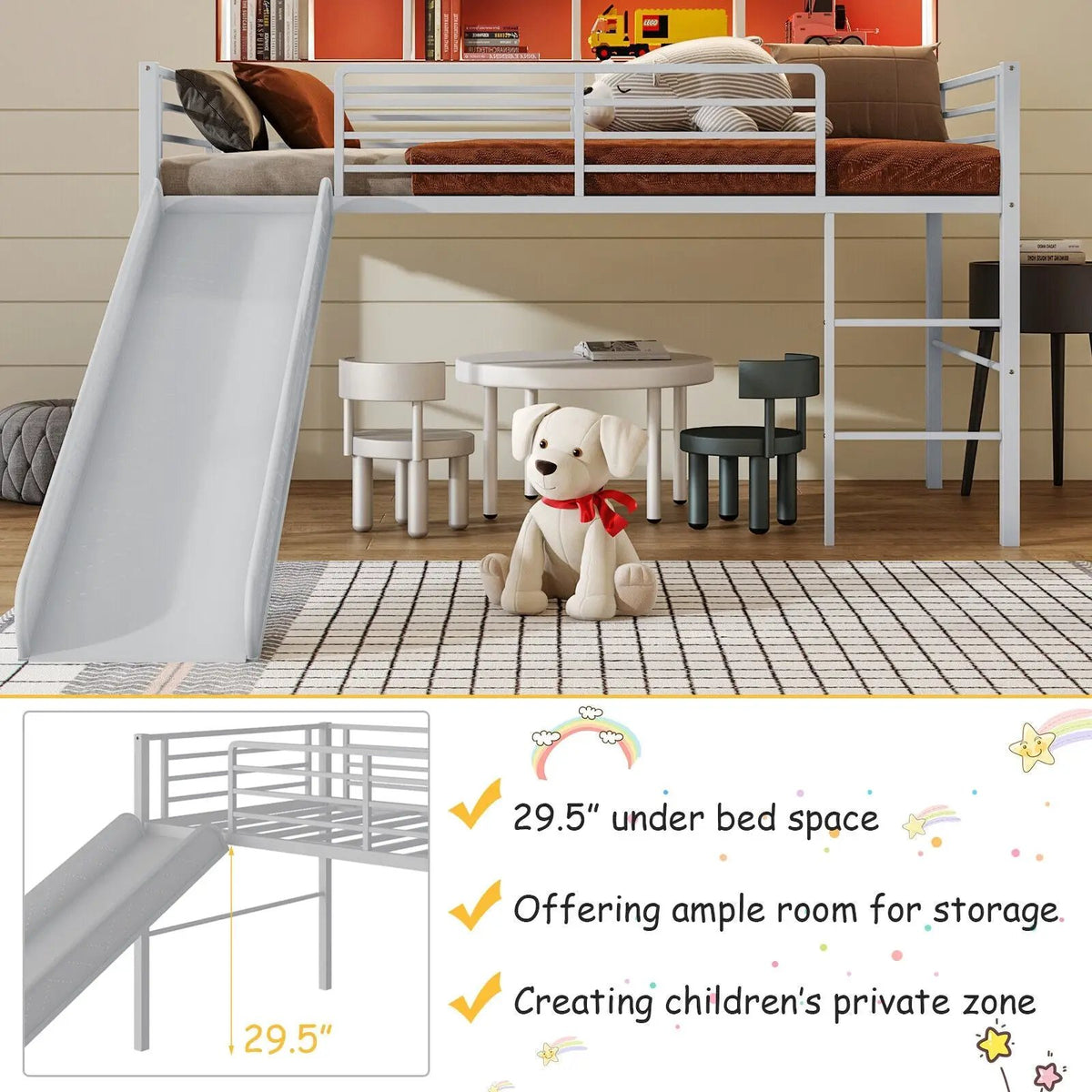 Twin Metal Loft Bed with Slide Safety Guardrails and Built-in Ladder by DirectDeals