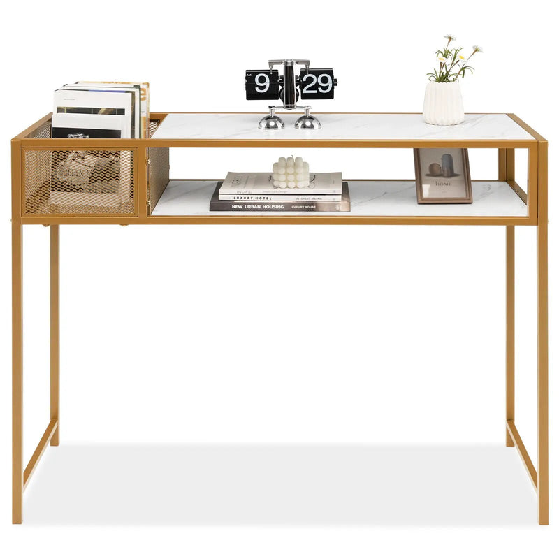 Faux Marble Console Table with Wire Baske for Hallway and Living Room-White by DirectDeals