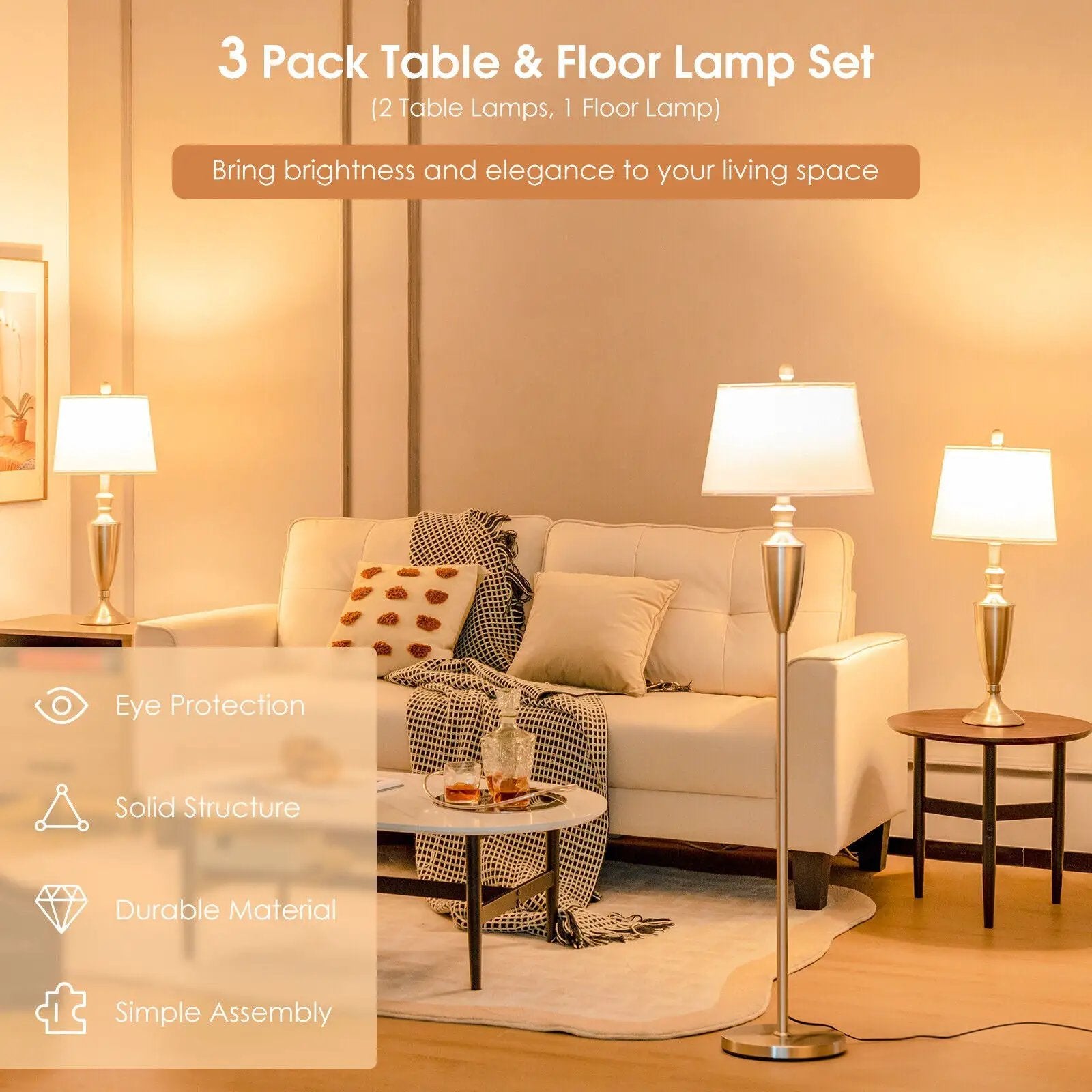 3 Piece Lamp with Set Modern Floor Lamp and 2 Table Lamps-Silver by DirectDeals