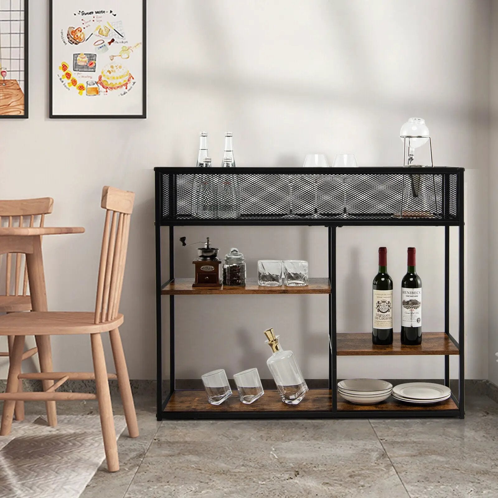 4-Tier Industrial Console Table with Wire Basket and shelf-Rustic Brown by DirectDeals