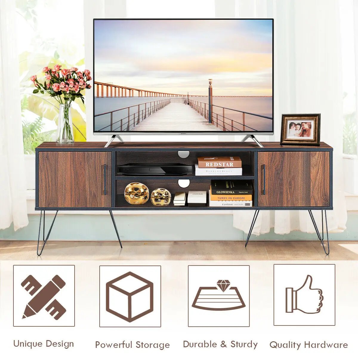 Retro Modern TV Stand with 6 Metal Legs for TVs up to 65 Inch with 2 Cable Holes by DirectDeals