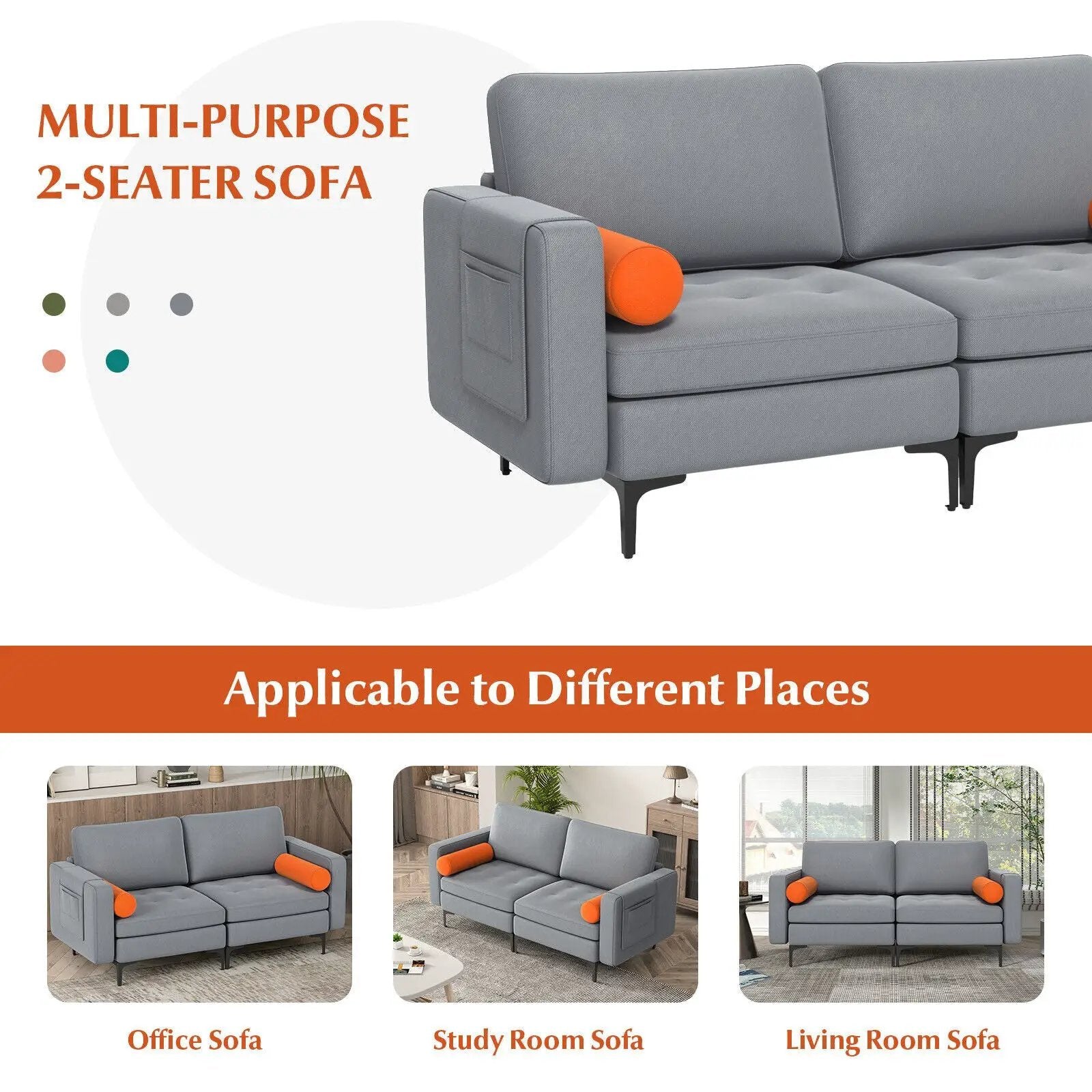 Modern Loveseat Sofa with 2 Bolsters and Side Storage Pocket-Gray by DirectDeals