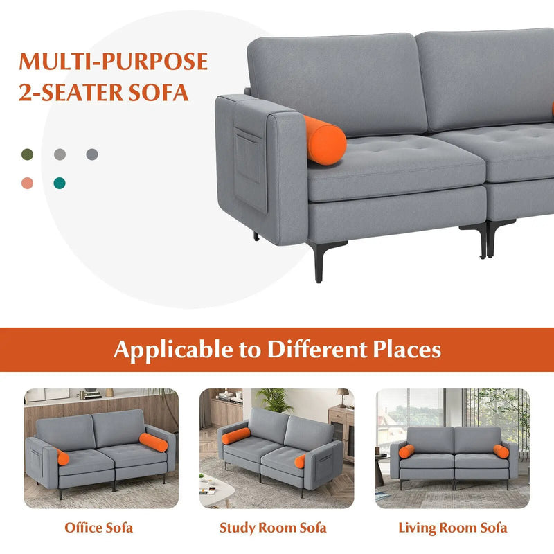 Modern Loveseat Sofa with 2 Bolsters and Side Storage Pocket-Gray by DirectDeals