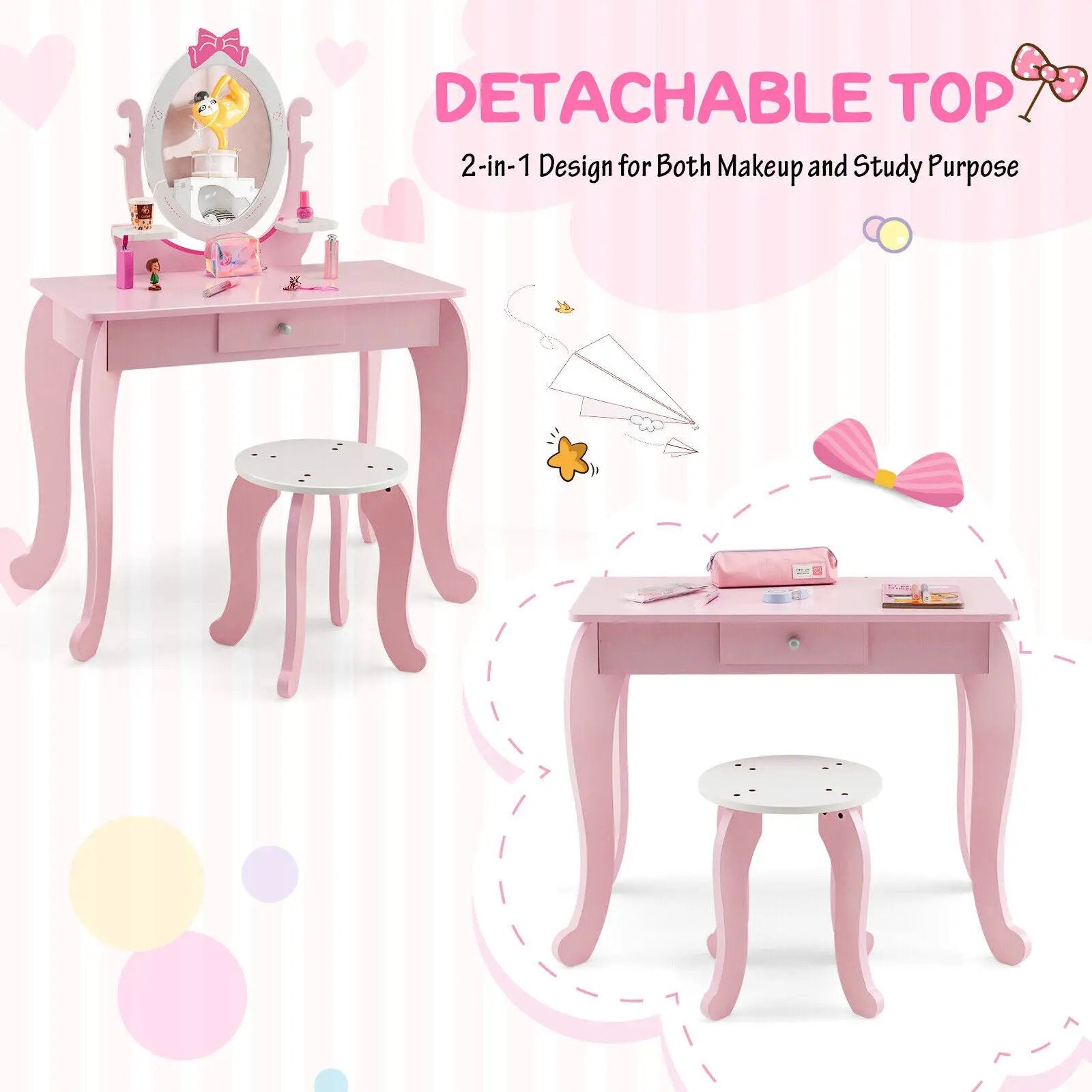Kid Vanity Table Stool Set with Oval Rotatable Mirror-Pink by DirectDeals
