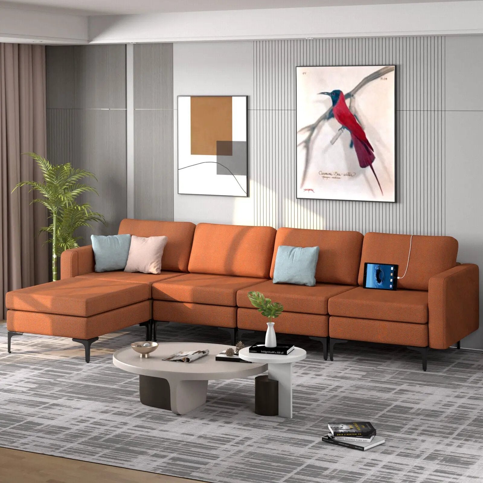 Modular L-shaped Sectional Sofa with Reversible Ottoman and 2 USB Ports by DirectDeals