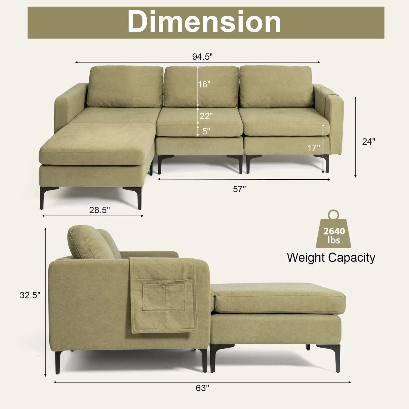 Modular 3-Seat L-shaped Sectional Sofa with Reversible Chaise and 2 USB Ports-Green by DirectDeals