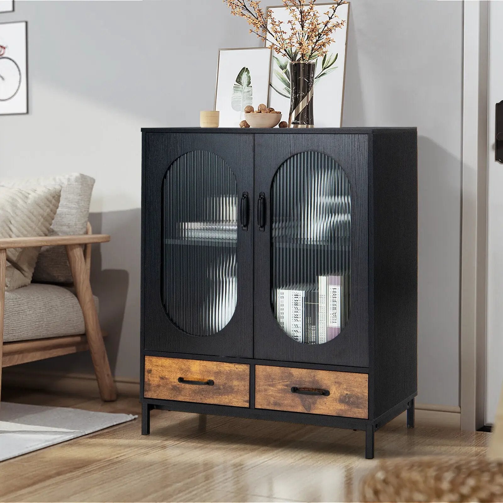 Kitchen Industrial Buffet Sideboard with Tempered Glass Doors-Black by DirectDeals