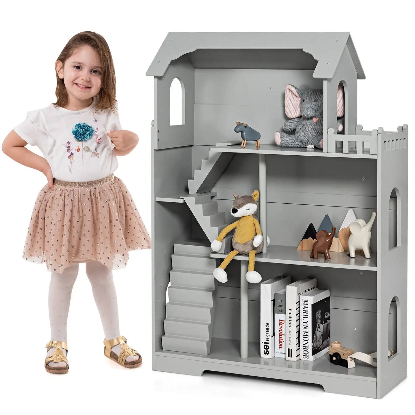 Kids Wooden Dollhouse Bookshelf with Anti-Tip Design and Storage Space by DirectDeals