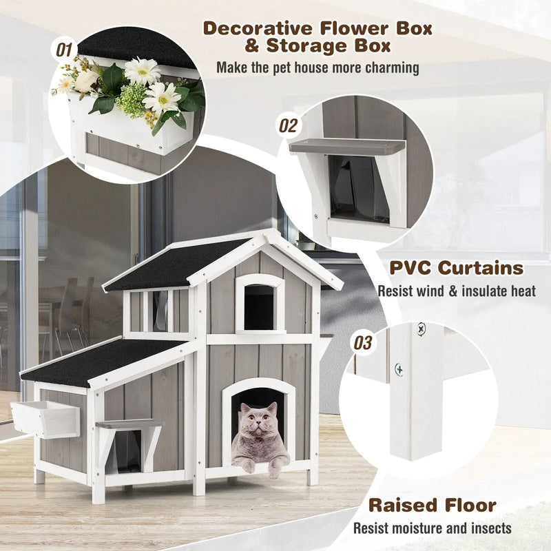 2-Story Outdoor Wooden Feral Cat House with Escape Door-Grey by DirectDeals