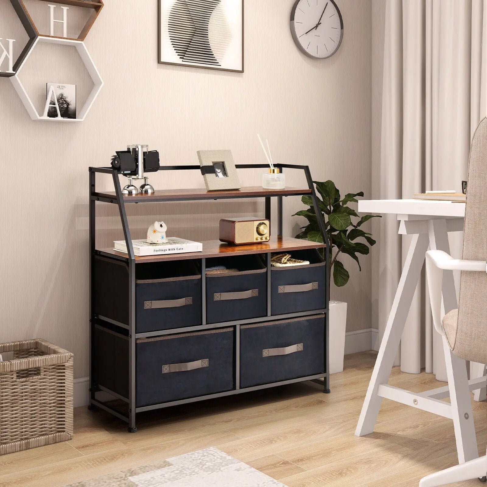 5 Drawers Storage Dresser with Fabric Bin for Living Room Bedroom-Black by DirectDeals