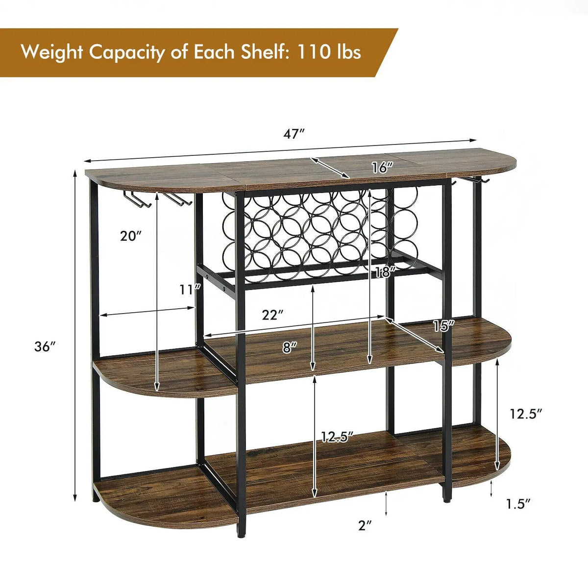 47 Inches Wine Rack Table with Glass Holder and Storage Shelves by DirectDeals