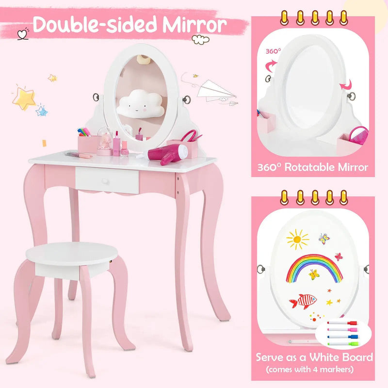 Pretend Kids Vanity Set with 360° Rotatable Mirror and Play Accessories by DirectDeals