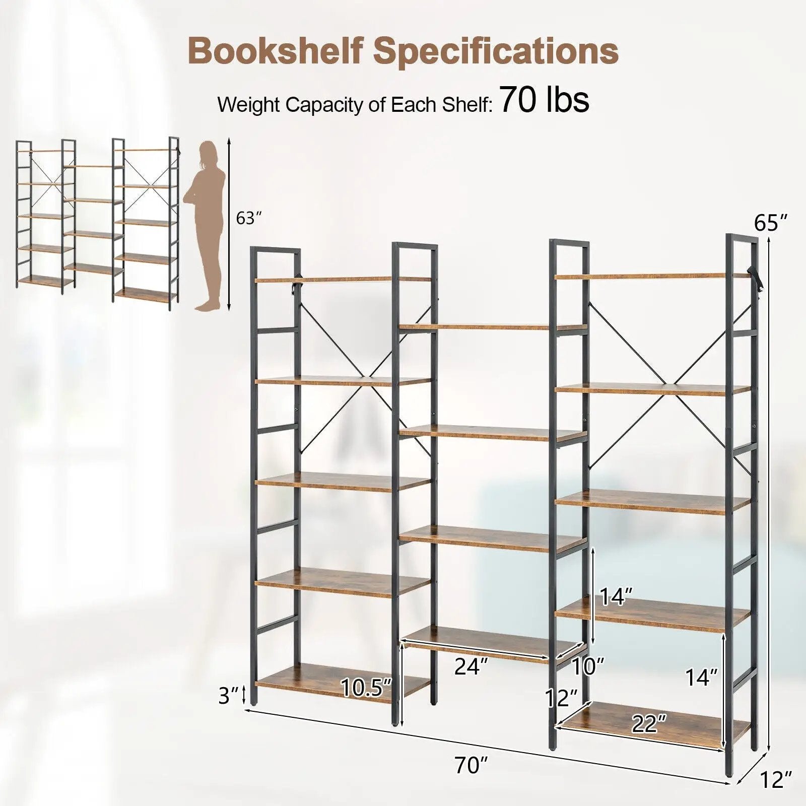 Large Triple Wide Floor Standing Bookcase Display Shelf with Metal Frame-Rustic Brown by DirectDeals