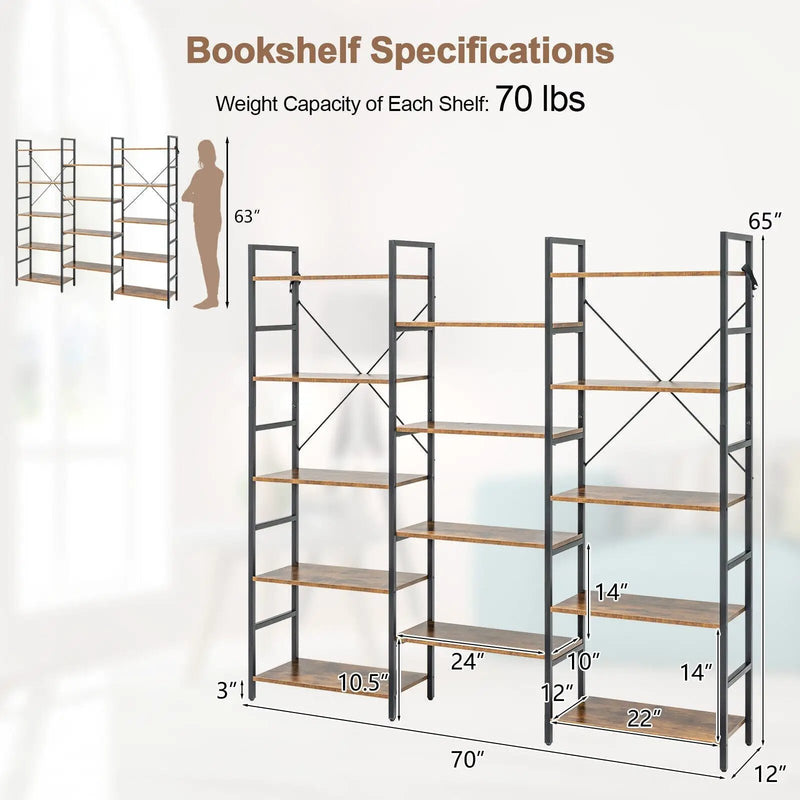 Large Triple Wide Floor Standing Bookcase Display Shelf with Metal Frame-Rustic Brown by DirectDeals