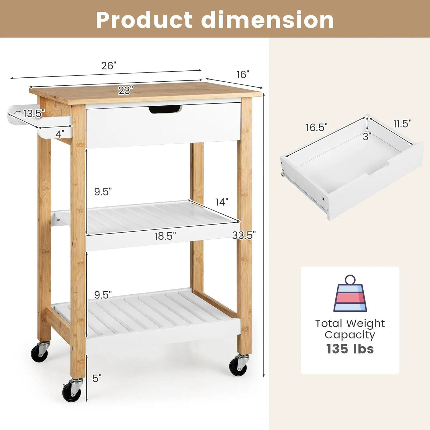 3-Tier Kitchen Island Cart Rolling Service Trolley with Bamboo Top by DirectDeals