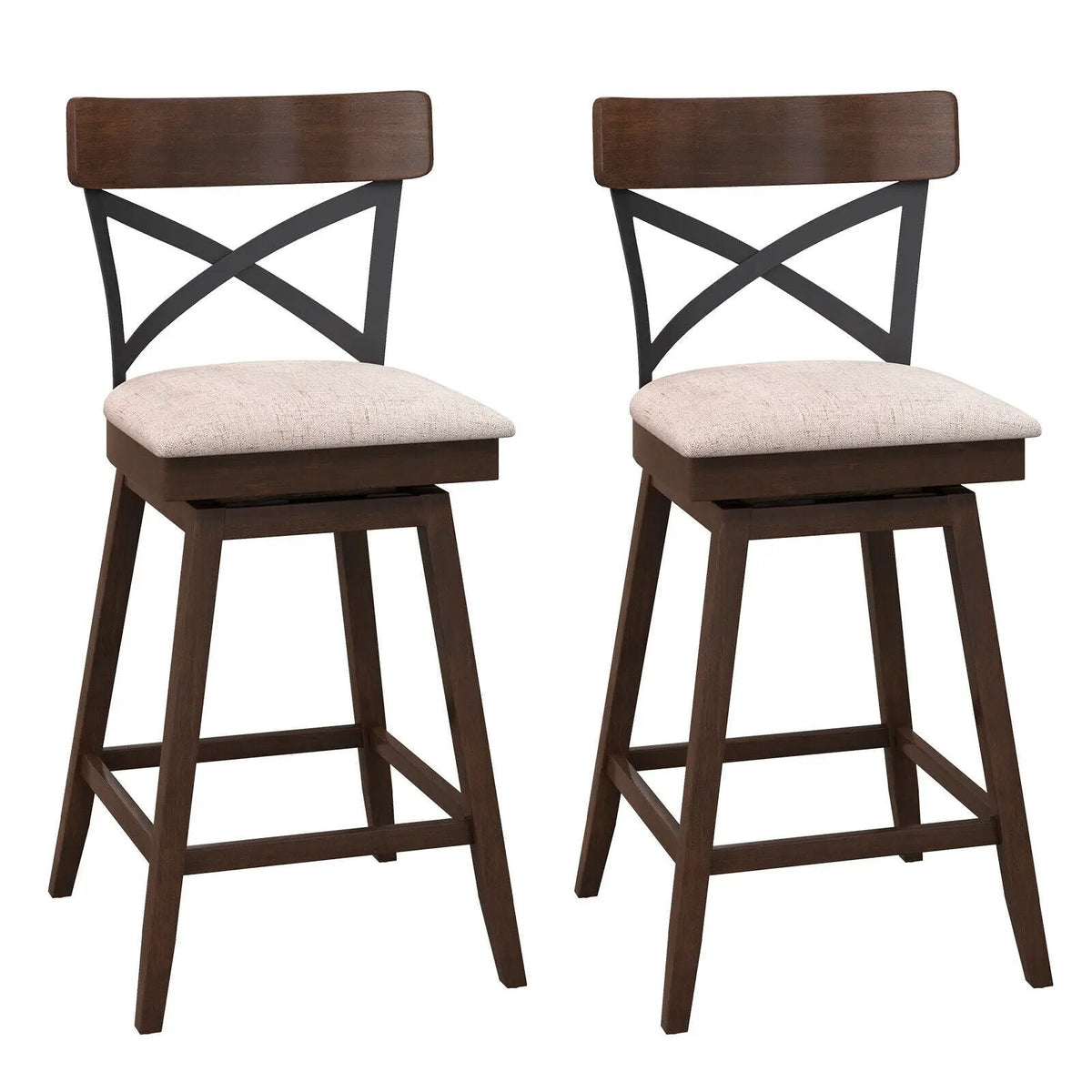 Set of 2 Wooden Swivel Bar Stools with Cushioned Seat and Open X Back by DirectDeals
