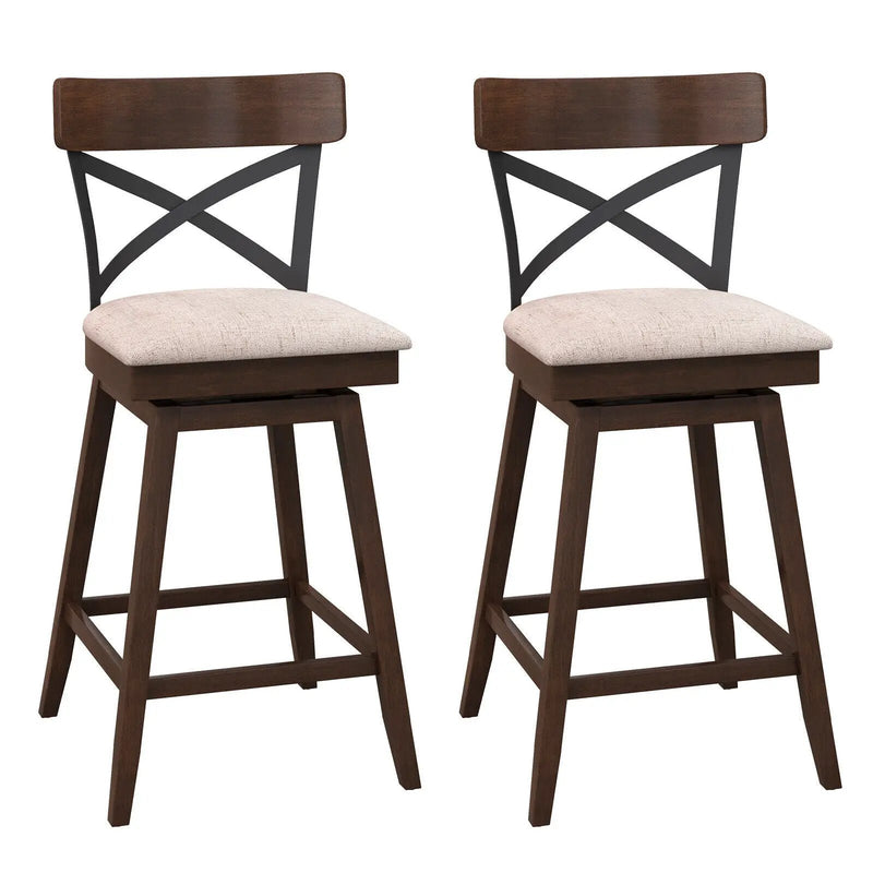Set of 2 Wooden Swivel Bar Stools with Cushioned Seat and Open X Back by DirectDeals