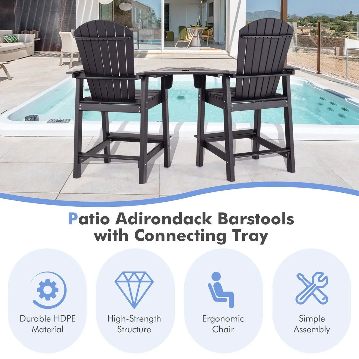 2 Pieces HDPE Tall Adirondack Chair with Middle Connecting Tray by DirectDeals