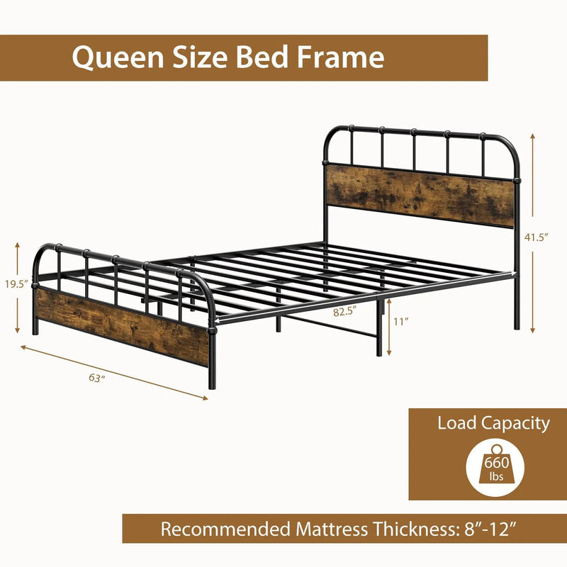 Queen Size Industrial Metal Platform Bed Frame Headboard Mattress Foundation by DirectDeals