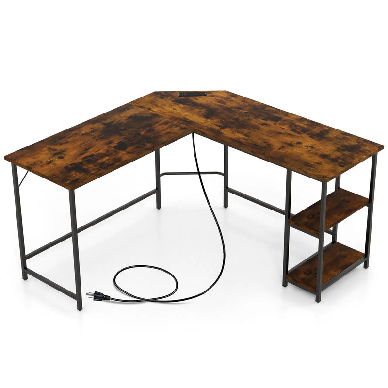 L Shaped Computer Desk with 2 Outlets and 2 USB Ports-Brown by DirectDeals