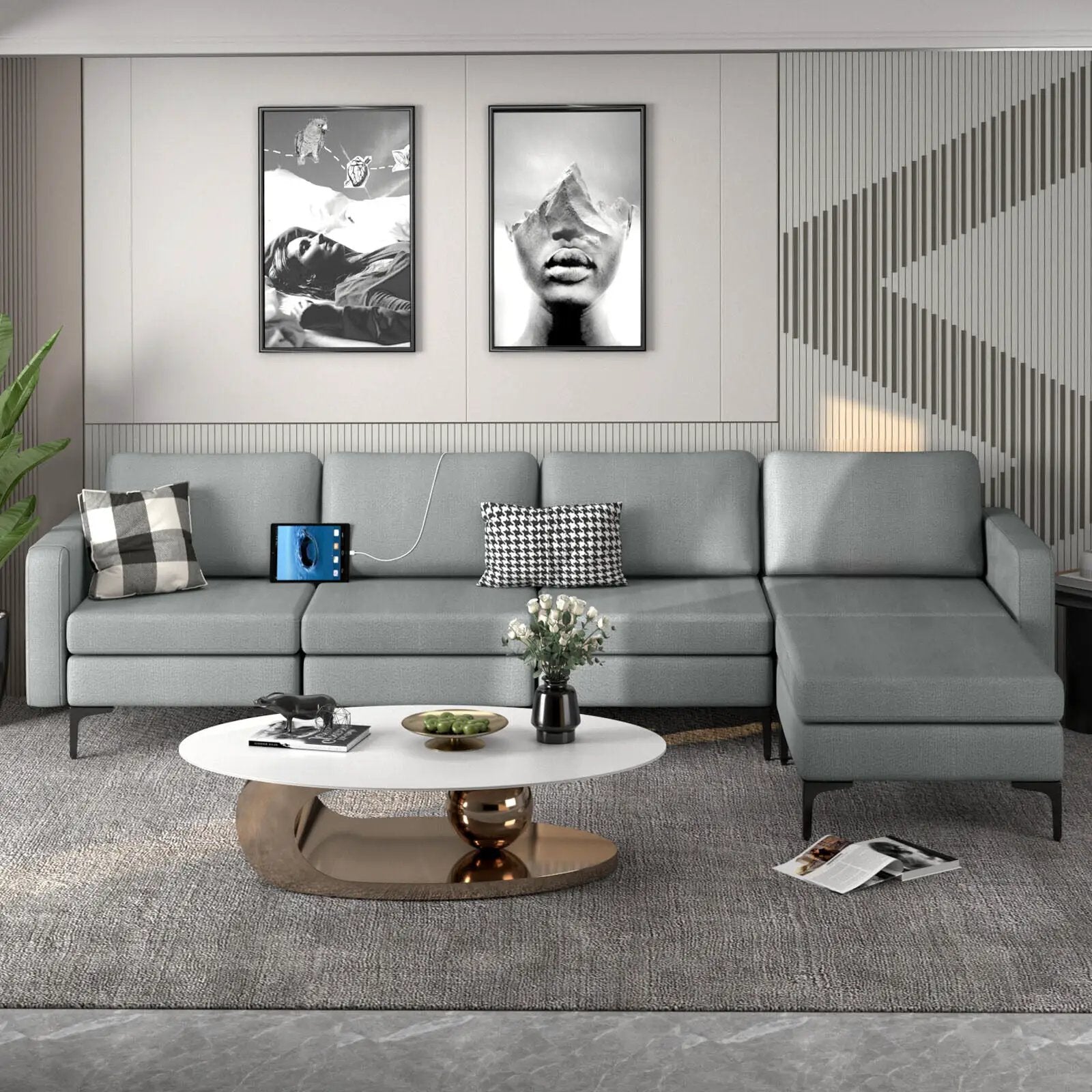 Modular L-shaped Sectional Sofa with Reversible Ottoman and 2 USB Ports by DirectDeals
