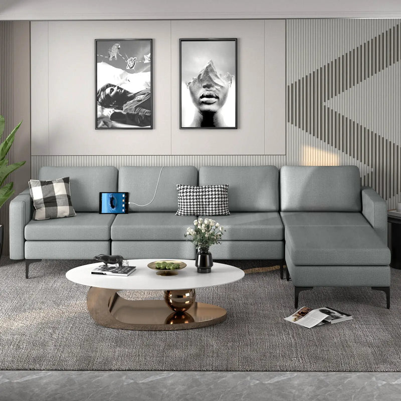 Modular L-shaped Sectional Sofa with Reversible Ottoman and 2 USB Ports by DirectDeals