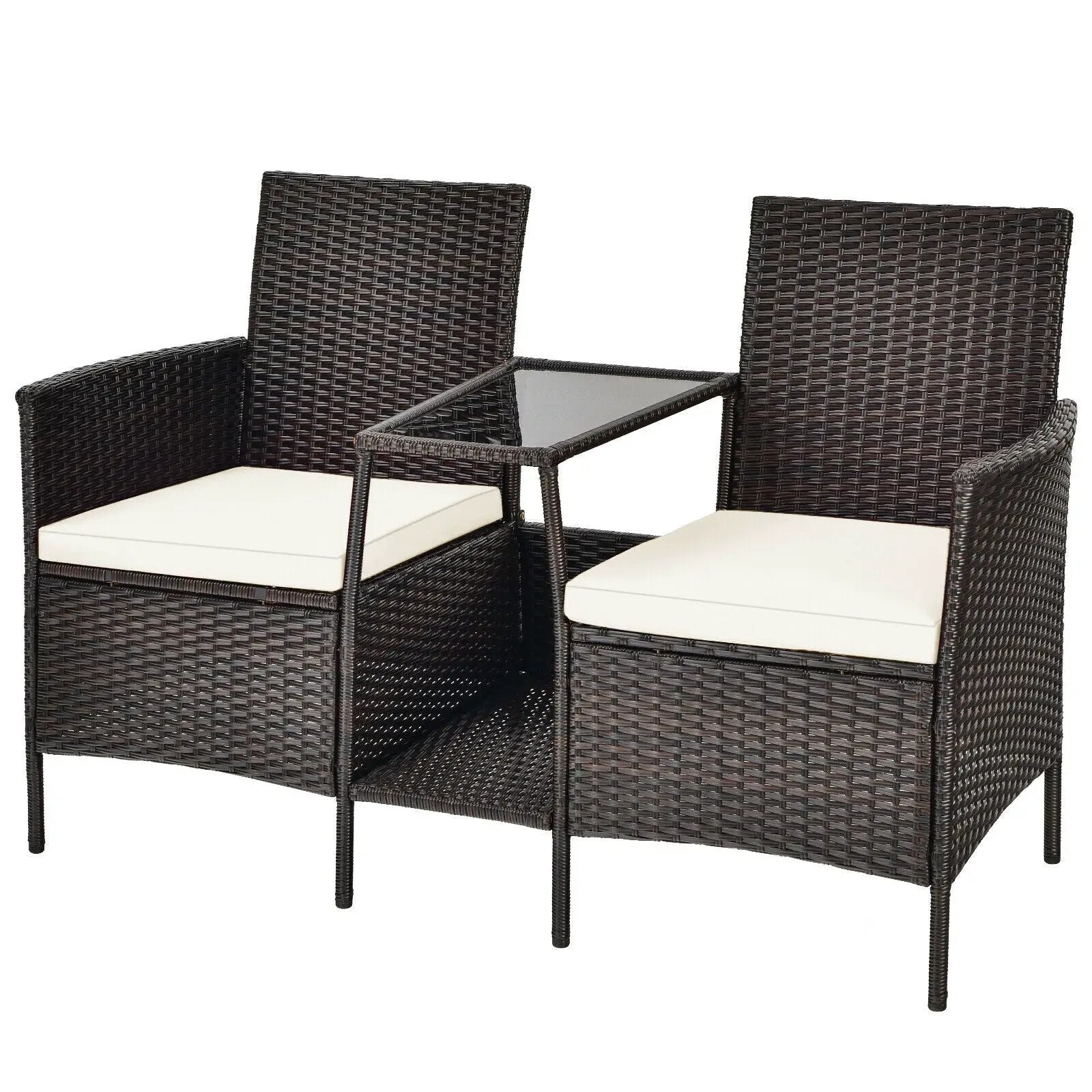 Patio Rattan Wicker Conversation Set Sofa Cushioned Loveseat Glass Table by DirectDeals