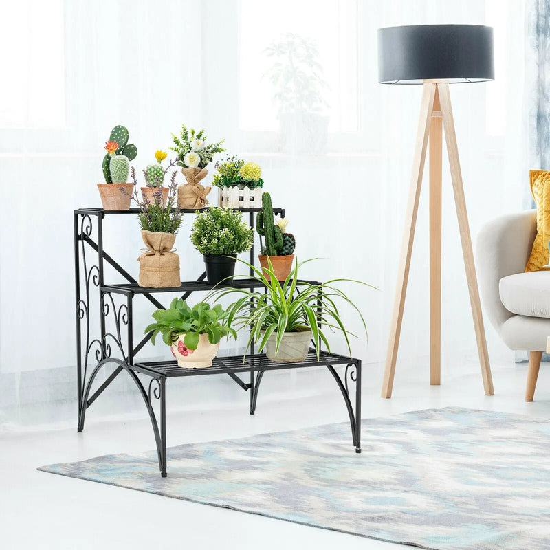 3-Tier Metal Plant Stand with Widened Grid Shelf for Porch Garden-Black by DirectDeals