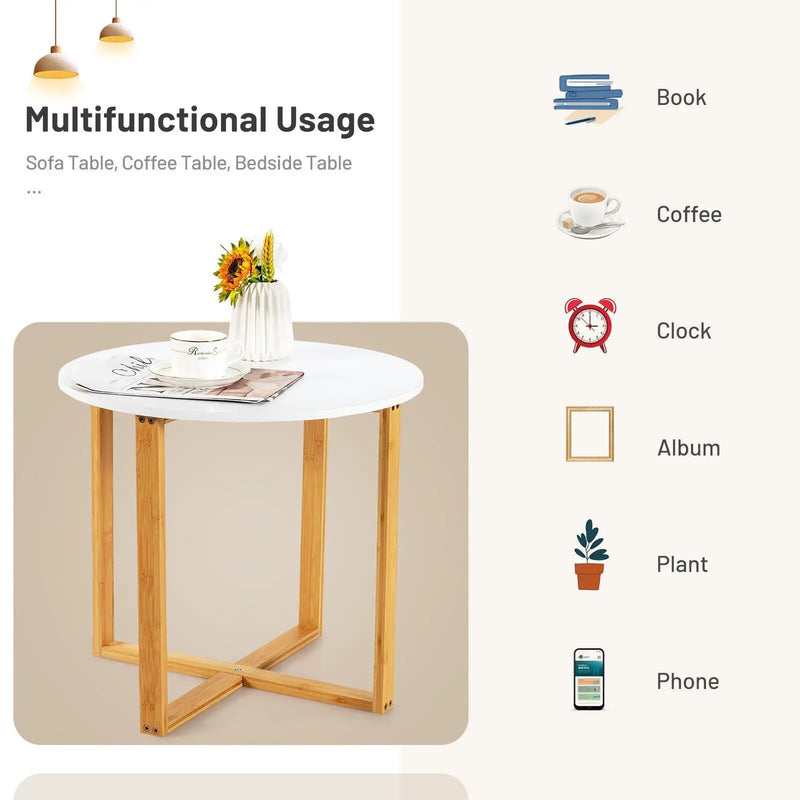 Multifunctional Round Side End Table with Bamboo Legs and X-Shaped Base by DirectDeals