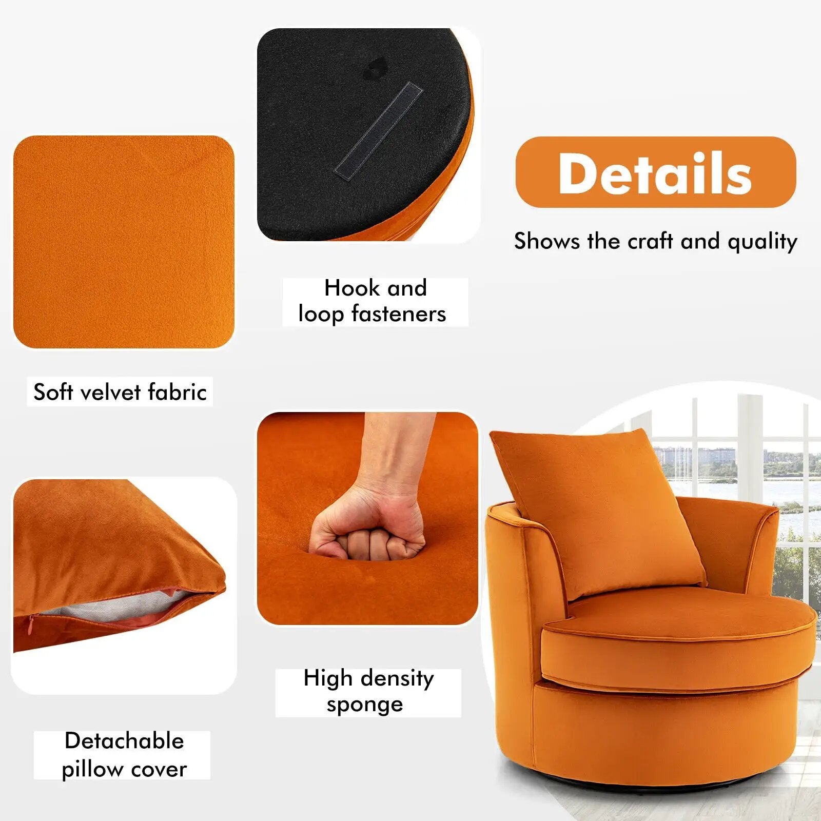 Modern 360¬∞ Swivel Barrel Chair with No Assembly Needed-Orange by DirectDeals