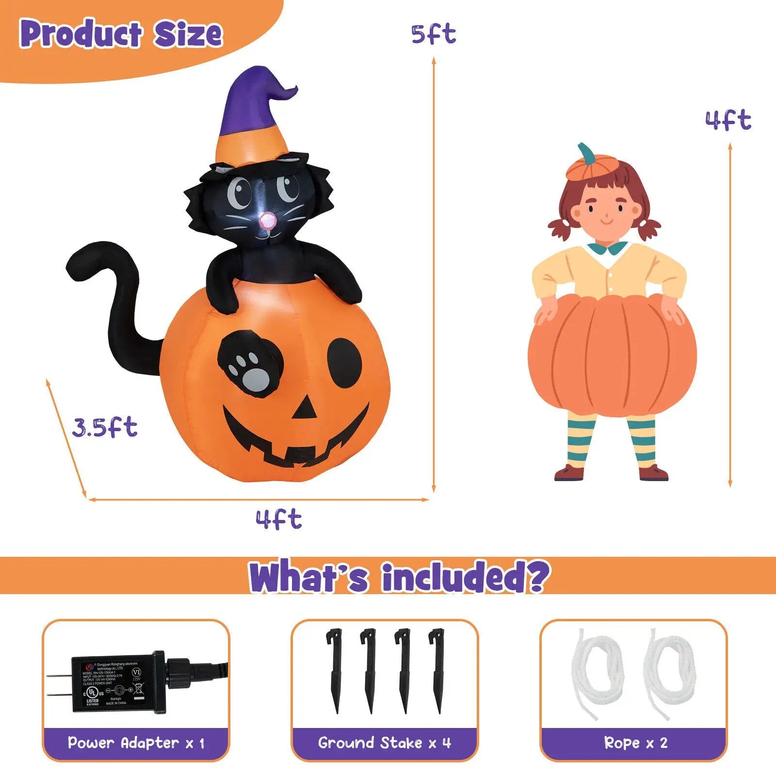 5 Feet Inflatable Halloween Pumpkin with Witch's Black Cat by DirectDeals