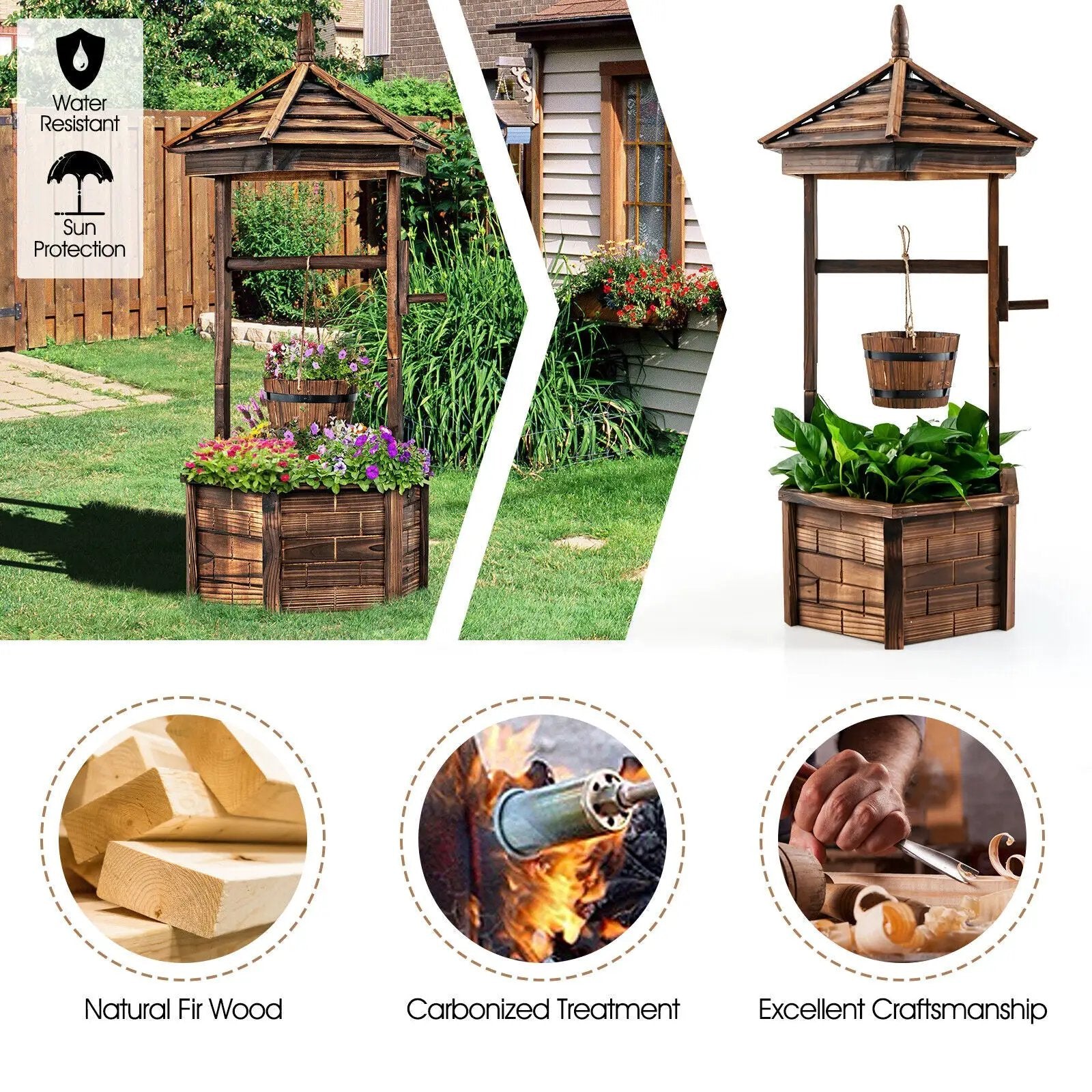 Rustic Wooden Wishing Well with Adjustable Hanging Bucket-Brown by DirectDeals