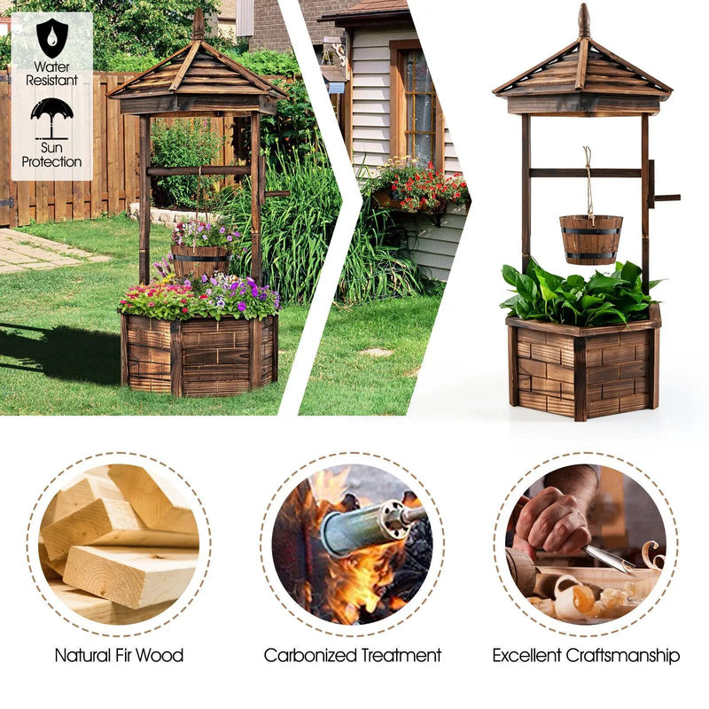 Rustic Wooden Wishing Well with Adjustable Hanging Bucket-Brown by DirectDeals