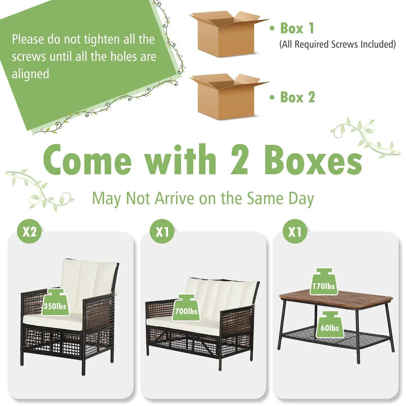 4 Pieces Patio Rattan Furniture Set with 2-Tier Coffee Table-White by DirectDeals