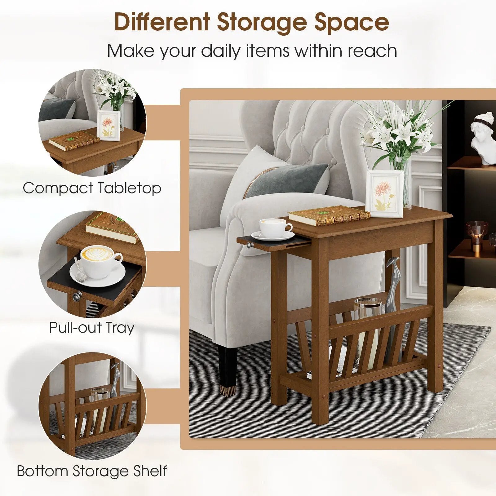 2-Tier End Table with Pull-out Tray and Solid Rubber Wood Legs by DirectDeals