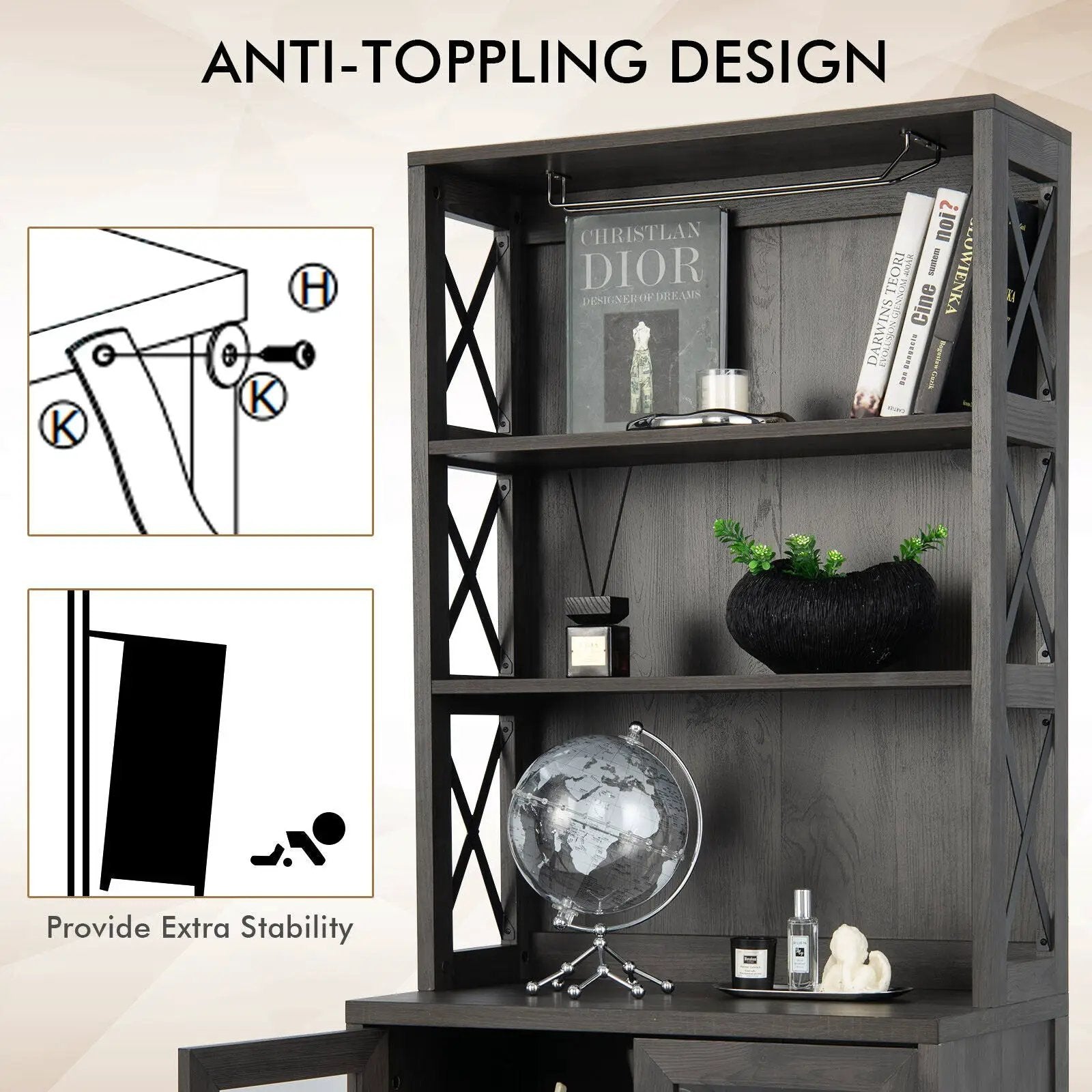 Tall Freestanding Bar Cabinet Buffet with Glass Holder and Adjustable Shelf-Gray by DirectDeals