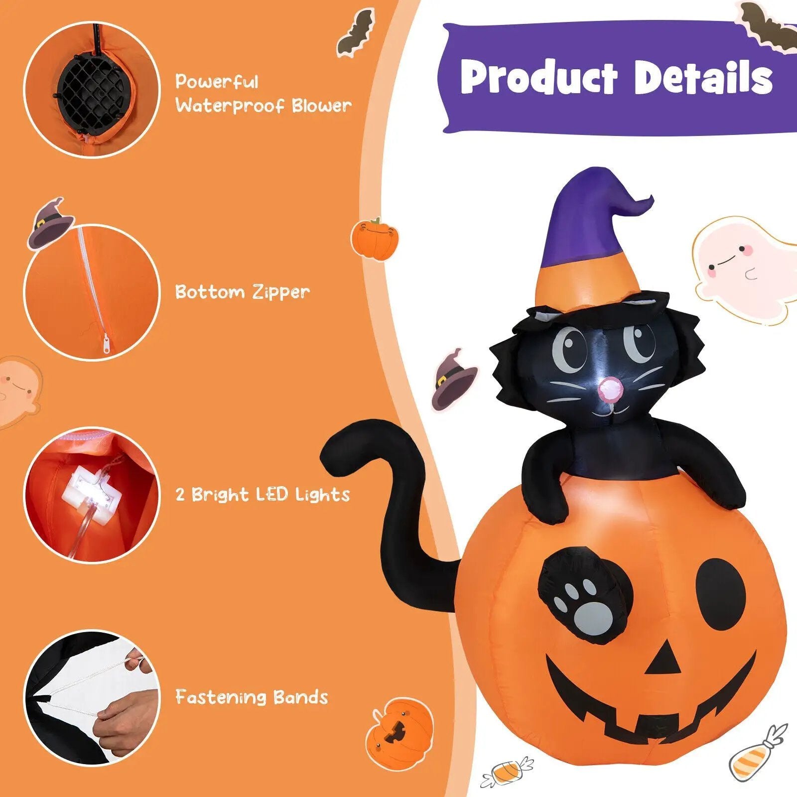 5 Feet Inflatable Halloween Pumpkin with Witch's Black Cat by DirectDeals