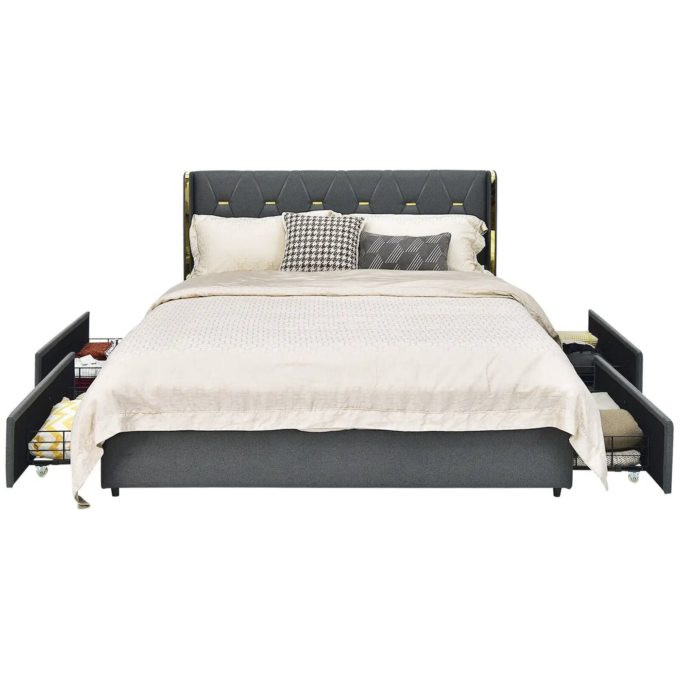 Full/Queen Size Upholstered Bed Frame with 4 Storage Drawers by DirectDeals