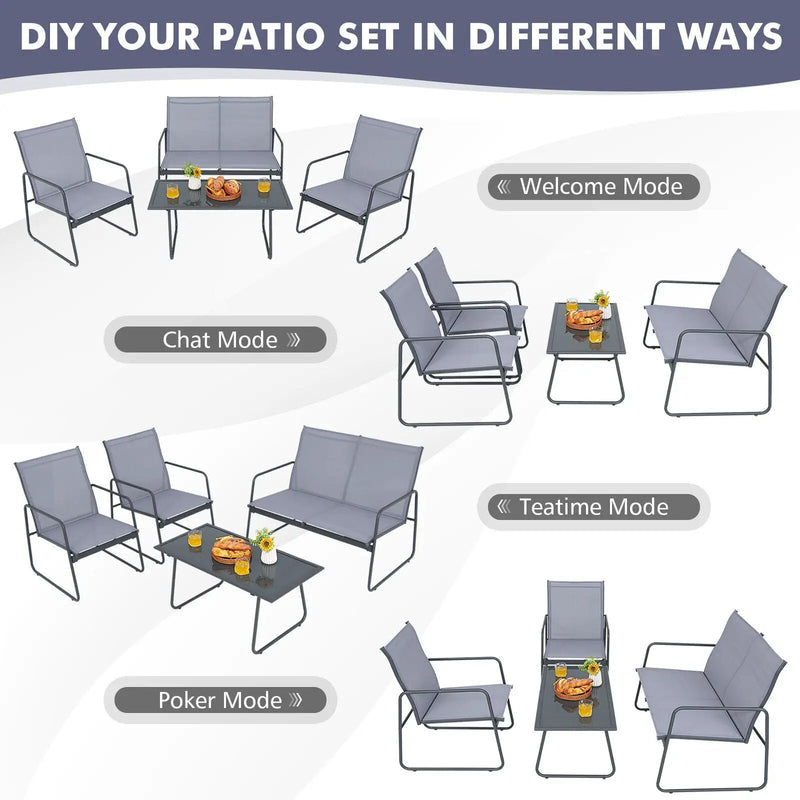 4 Pieces of Metal Patio Furniture Chat Set with Tempered Glass Coffee Table by DirectDeals