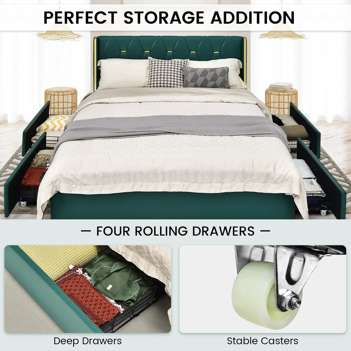 Full/Queen Size Upholstered Bed Frame with 4 Drawers-Green by DirectDeals
