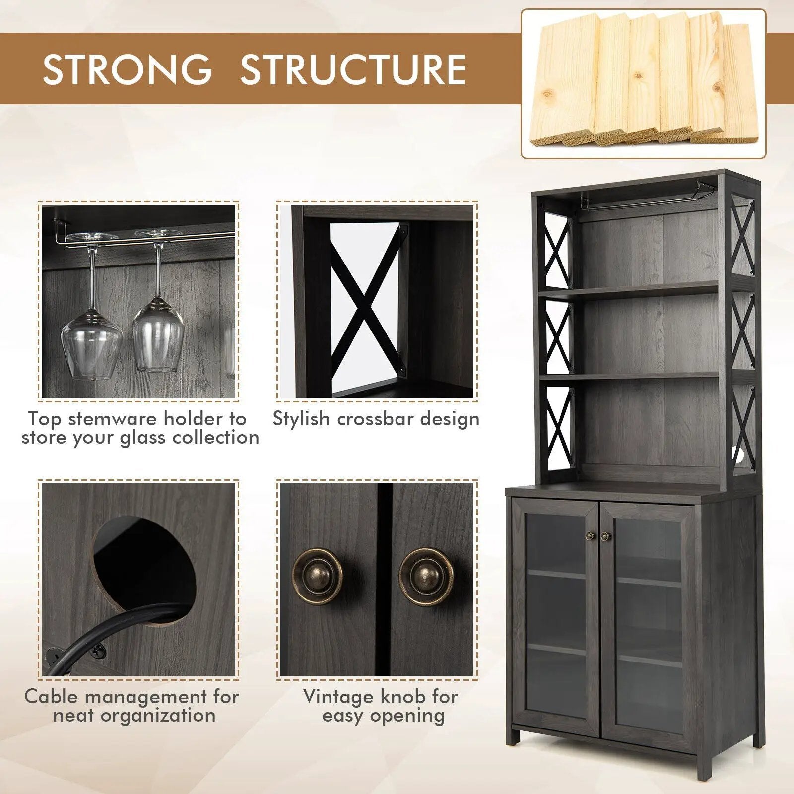Tall Freestanding Bar Cabinet Buffet with Glass Holder and Adjustable Shelf-Gray by DirectDeals