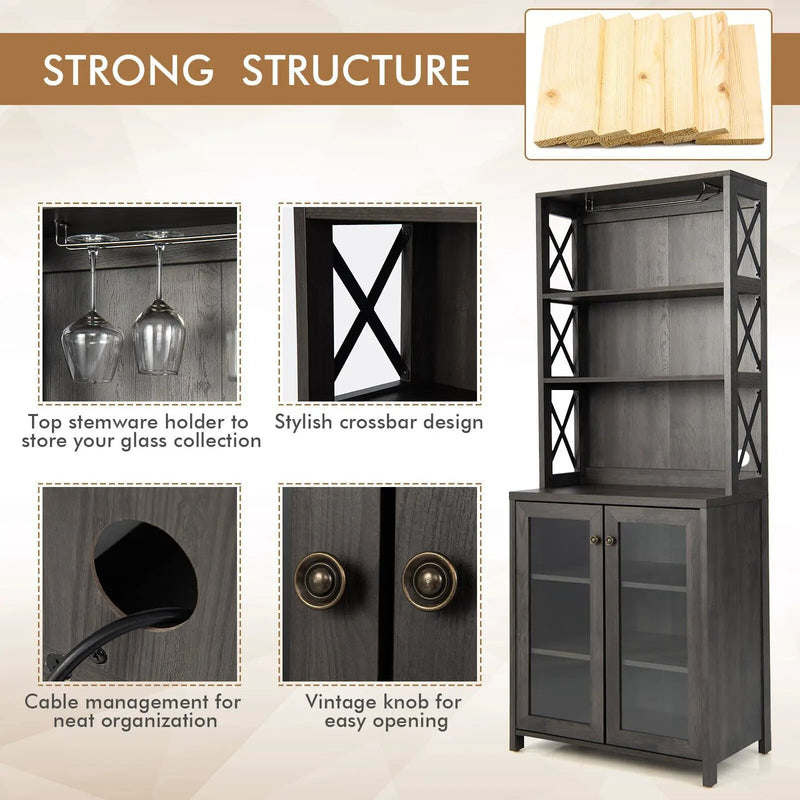 Tall Freestanding Bar Cabinet Buffet with Glass Holder and Adjustable Shelf-Gray by DirectDeals