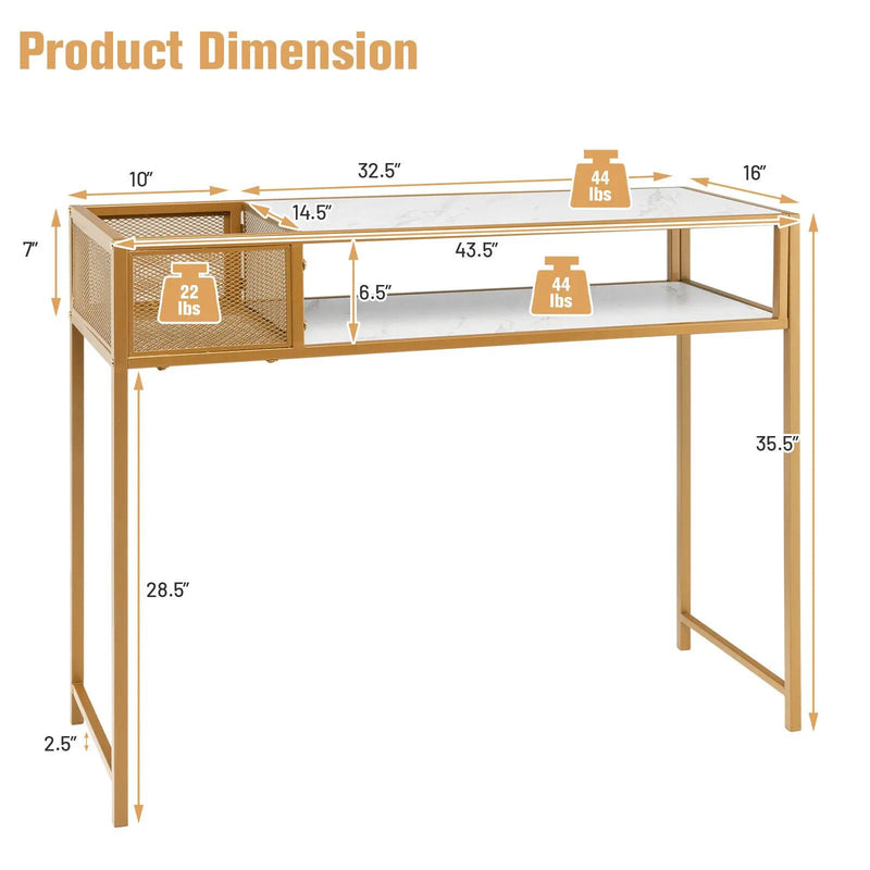 Faux Marble Console Table with Wire Baske for Hallway and Living Room-White by DirectDeals