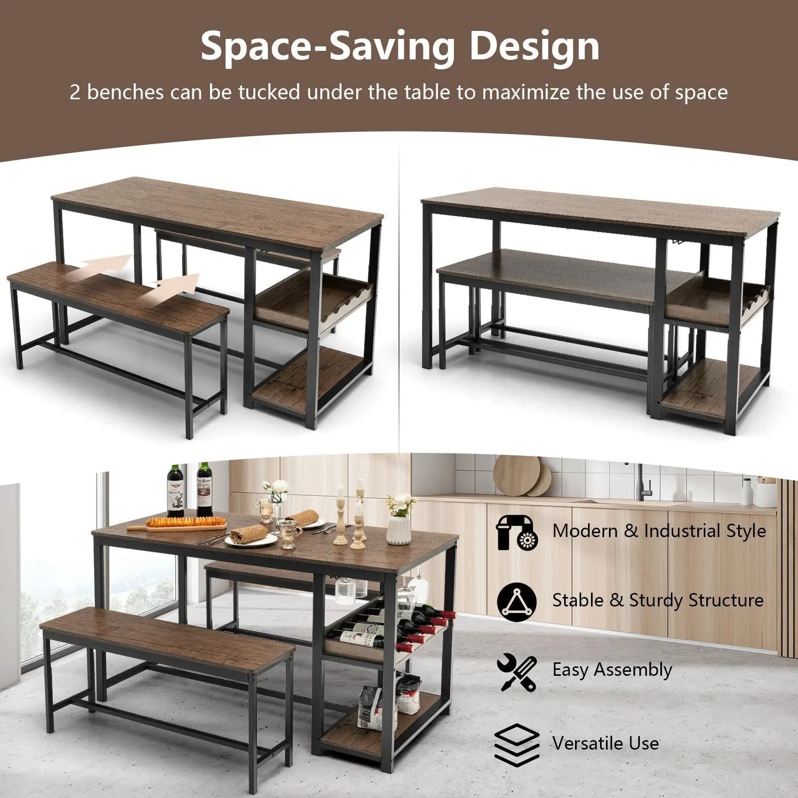 3 Pieces Dining Table Set for 4 with Wine Rack-Brown by DirectDeals