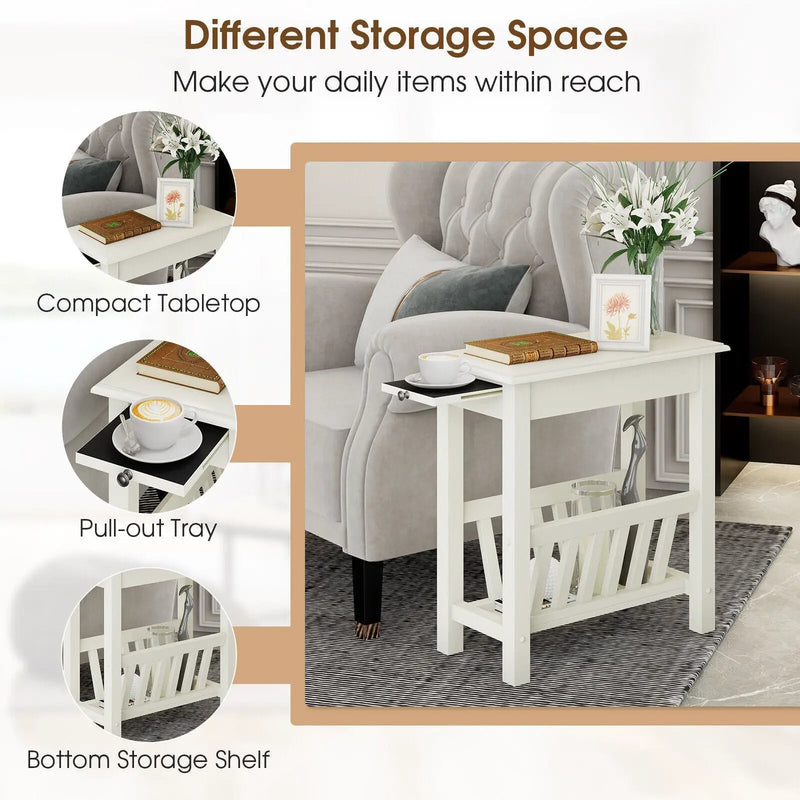 2-Tier End Table with Pull-out Tray and Solid Rubber Wood Legs by DirectDeals