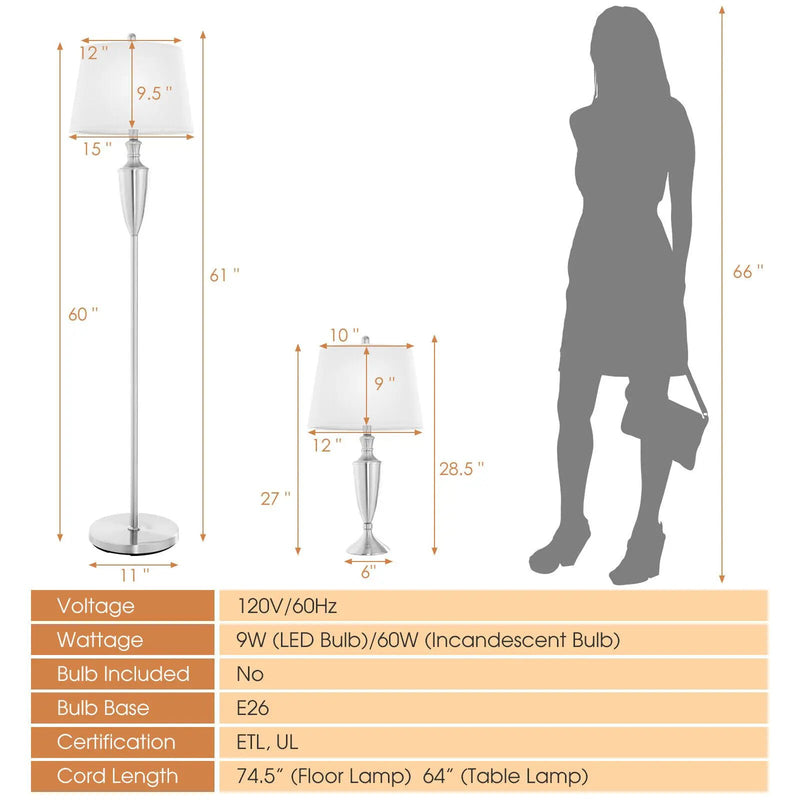 3 Piece Lamp with Set Modern Floor Lamp and 2 Table Lamps-Silver by DirectDeals